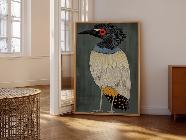 May include: A framed illustration of a bird with a black head, blue and white feathers, and yellow and black markings on its tail. The bird has a red eye and is standing on a blue background.
