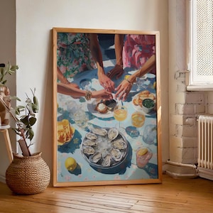 Ostrygi i kawior, sztuka ścienna w stylu nadmorskim, wystrój wózka barowego, retro wschodnie wybrzeże, plakat z plażowym latem, wystrój kuchni w domu na plaży, pobieranie cyfrowe