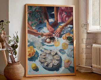 Oysters and Caviar, Coastal Wall Art, Bar Cart Decor, Retro East Coast, Beachy Summer Poster, Beach House Kitchen Decor, Digital Download