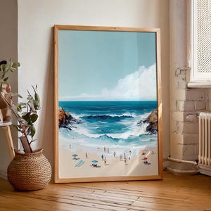 Arte de pared costero azul marino / Impresión de escena retro de cala oceánica / Póster playero de verano / Decoración de casa de playa / Obra de arte minimalista imprimible