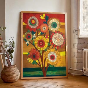 Abstract Flowers Print, Retro Vintage Floral Wall Hanging, Printable Wildflower Botanical Artwork, Digital Download, Trendy Mid Century