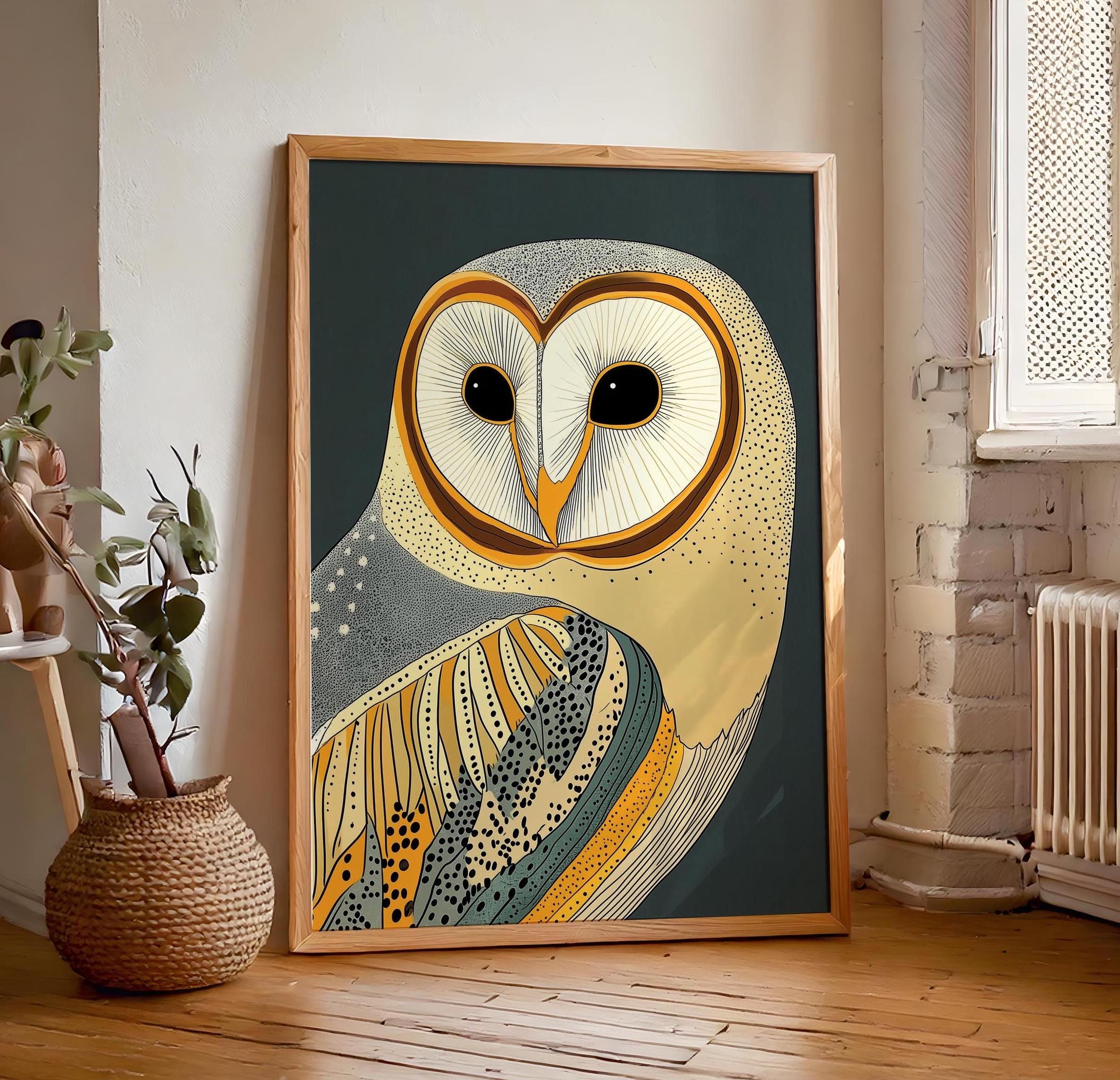 Green Gray Barn Owl Print, Retro Art Deco Wall Art, Vintage Bird