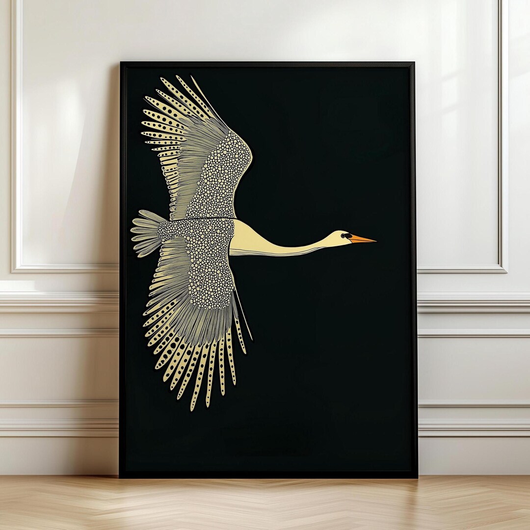 Flying Crane at Night, Art Deco Wall Art, Retro Mid Century Modern ...