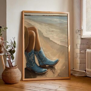 Küsten Cowgirl Wand Kunst | Retro Blau Ozean-Szene Poster | Sommer Poster | Strand Haus Dekor | Minimalistisches druckbares Kunstwerk |