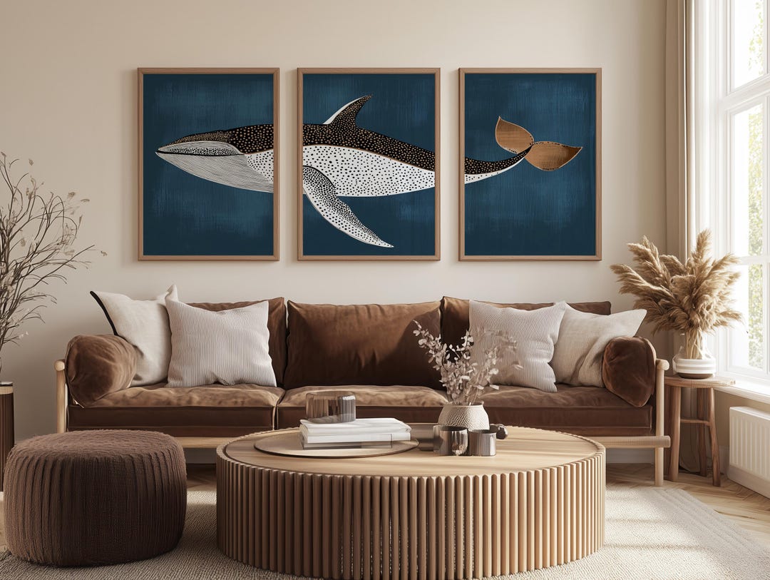 Retro Humpback Whale, Coastal Three Piece Set of Wall Art, Art Deco 3 ...