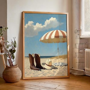 Küsten Cowgirl Wand Kunst | Retro Blau Ozean-Szene Poster | Sommer Poster | Strand Haus Dekor | Minimalistisches druckbares digitales Kunstwerk |