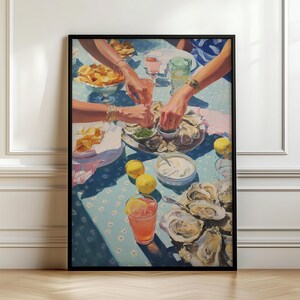 Impresión de caviar y ostras, arte mural costero, cocina retro de la costa este, póster playero de verano, decoración de cocina de casa de playa, descarga digital