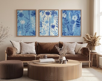 Decorazione murale con fiori cinesi blu, set di tre pezzi con stampa floreale blu, download digitale.
