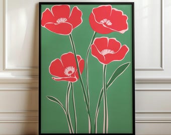 Red Flowers on Green Print, Retro Vintage Floral Wall Hanging, Wildflower Botanical Artwork, Digital Download, Trendy Mid Century Wall Art