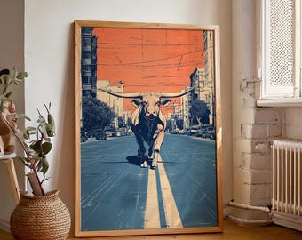 LongHorn Wall Art, Printable Wall Art, Texas Longhorn Cow, Cityscape Digital Print, Urban Cow, Instant Download, Masculine wall art.