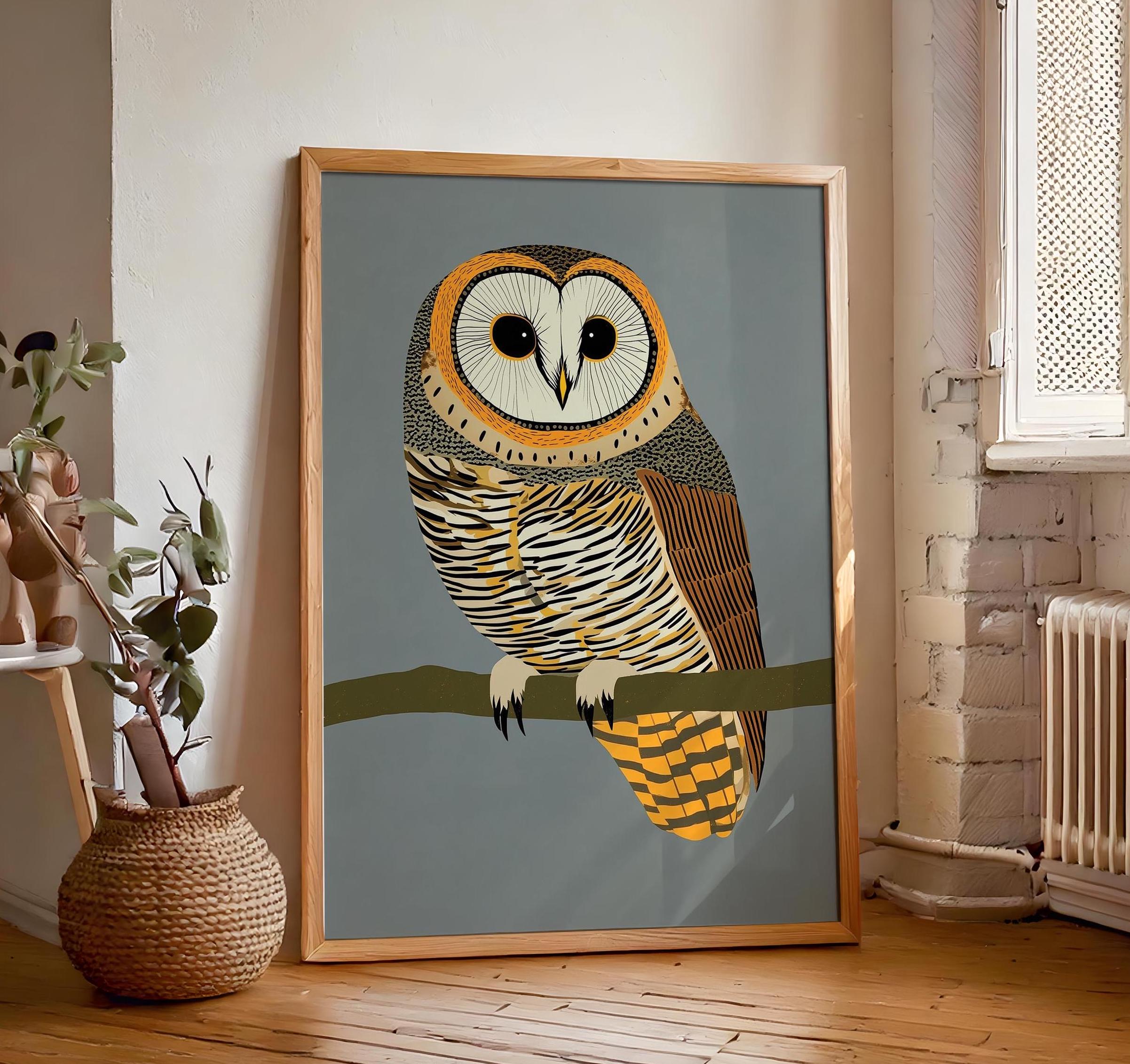 Retro Trendy Barn Owl Print, Sage Green Art Deco Wall Art, Vintage Bird Lover Decor, Classic Owl Wal