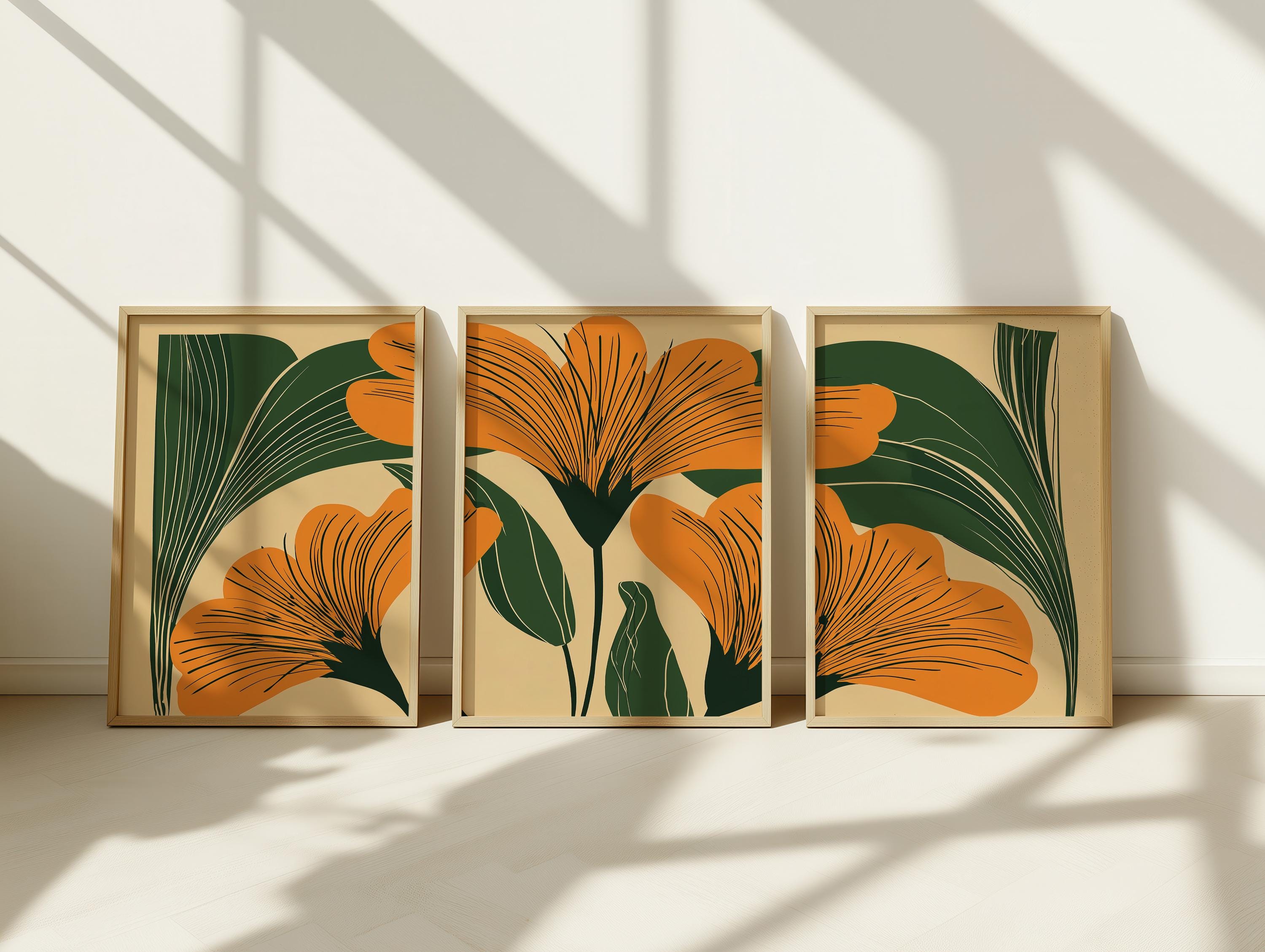 Art Deco Floral Print, Boho Three Piece Set of Wall Art, Flower Art 3 ...