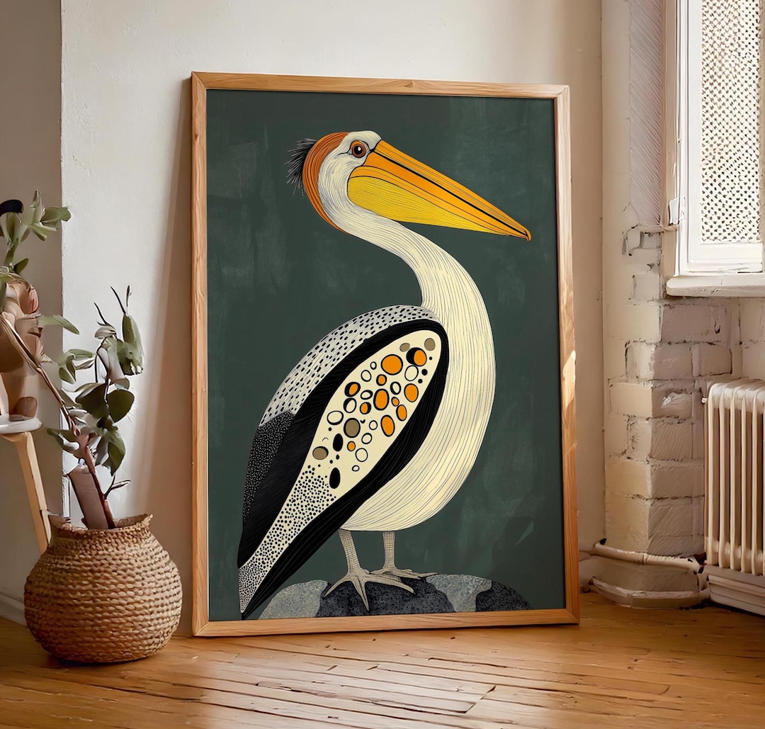 Green Retro Pelican Wall Art, Art Deco Nature Decor, Printable Digital ...