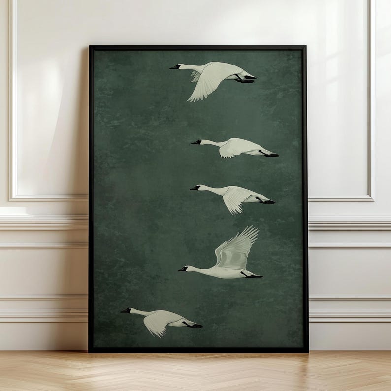Flock of Geese Emerald Green Abstract Minimalist Print, Goose Wall Art ...