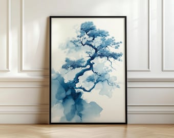 May include: A framed art print showcasing a blue watercolour painting of a bonsai tree. The tree's branches and foliage are depicted in shades of blue against a soft, off-white backdrop. The artwork is enclosed in a black frame, providing a contemporary feel.