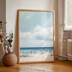 Arte de pared costero azul marino / Impresión de escena retro del horizonte del océano / Póster de verano playero / Decoración de casa de playa / Obra de arte minimalista imprimible