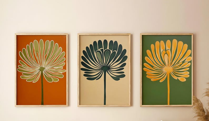 Moody Floral Art Deco Print, Retro MCM Boho Three Piece Set of Wall Art ...