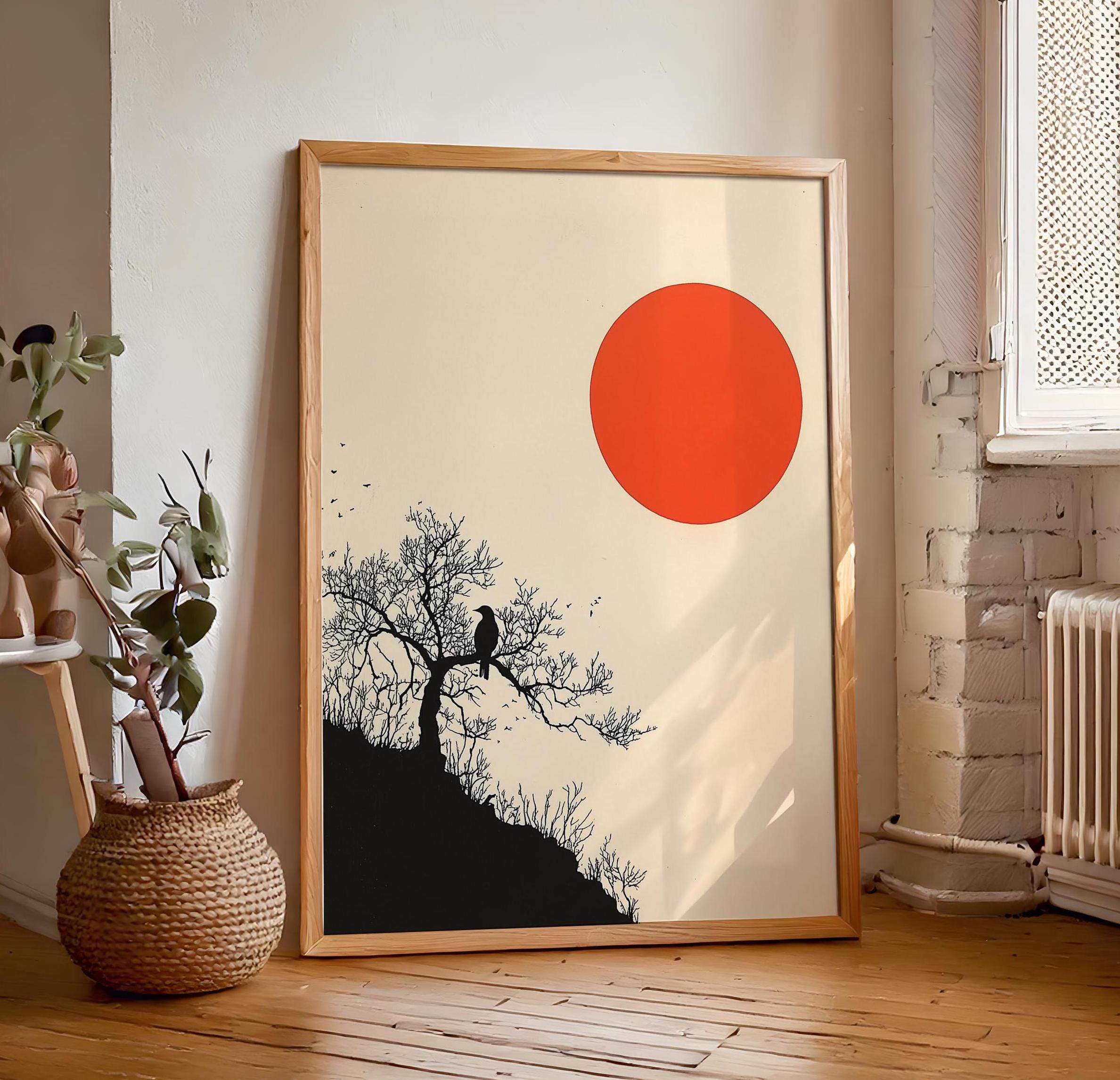 Cream With Red Sun Japandi Wall Art Print | Wabi Sabi Digital