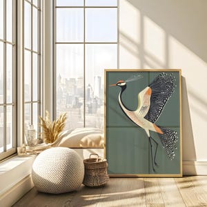 May include: A framed illustration of a stylized bird with a long neck and a long tail. The bird is depicted in shades of orange, white, and black against a teal green background.
