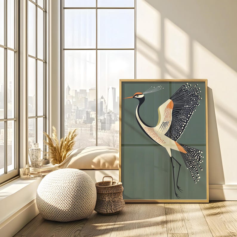 May include: A framed illustration of a stylized bird with a long neck and a long tail. The bird is depicted in shades of orange, white, and black against a teal green background.