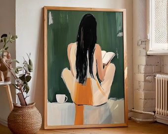 Emerald Green Reading Woman & Coffee, Abstract Minimalist Print, Expressionist Wall Art, Retro Vintage Painting, Digital Download Artwork