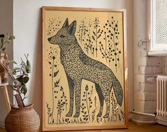 May include: A framed art print featuring a stylized black and tan fox illustration. The fox is depicted with a spotted coat, standing amidst a field of black floral elements against a tan background. The artwork is enclosed in a natural wood frame.