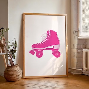 Vintage Pink Roller Skate Print, Retro 1980s 1990s Rollerskate Wall Art, Maximalist Linocut Print, I Love The 80s 90s, Digital Download.