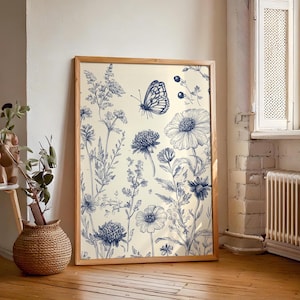 Chinoiserie 2 Wall Art, Blue Botanical Poster Prints, Floral Flower Minimalist Decor, Botanical Print, Printable Wall Art Digital Art.