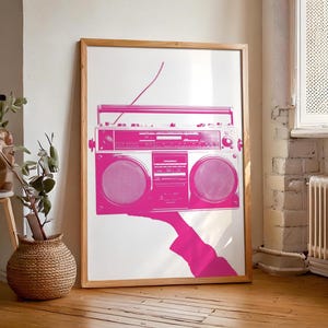 Hold That Boom Music Boombox Print, Pink Retro 1980s 1990&#39;s Boom Box Wall Art, Vintage I Love The 80s 90s, PRINTABLE Digital Download Print
