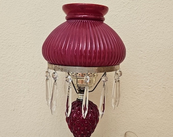 Vintage red hurricane lamp with crystals, red gone with the wind lamp, vintage hurricane lamp, home decor, victorian lamps, red accent lamp