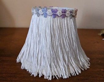 Mini Clip On Lampshade, Fringed Silk Shade, Purple Flower Trim