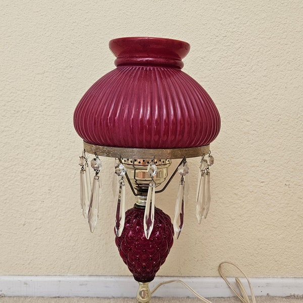 Vintage red hurricane lamp with crystals, red gone with the wind lamp, vintage hurricane lamp, home decor, victorian lamps, red accent lamp