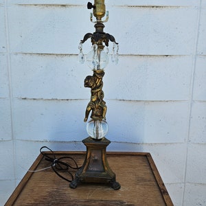 Vintage cherub table lamp, tall lamp, home decor, vintage table lamp with cherub and crystals, Victorian table lamp