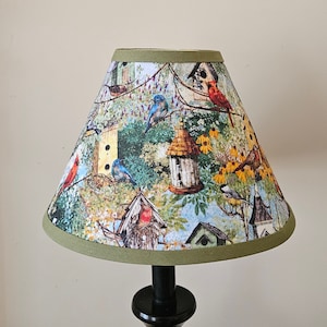 Bird house lampshade, birds, home decor, birds and bird houses, clip on lampshade, dark lampshade, gift items, bird lovers, nature lovers