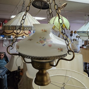 Vintage hurricane hanging light with hand painted glass shade, antique hanging lamp, vintage hurricane light, victorian light fixture