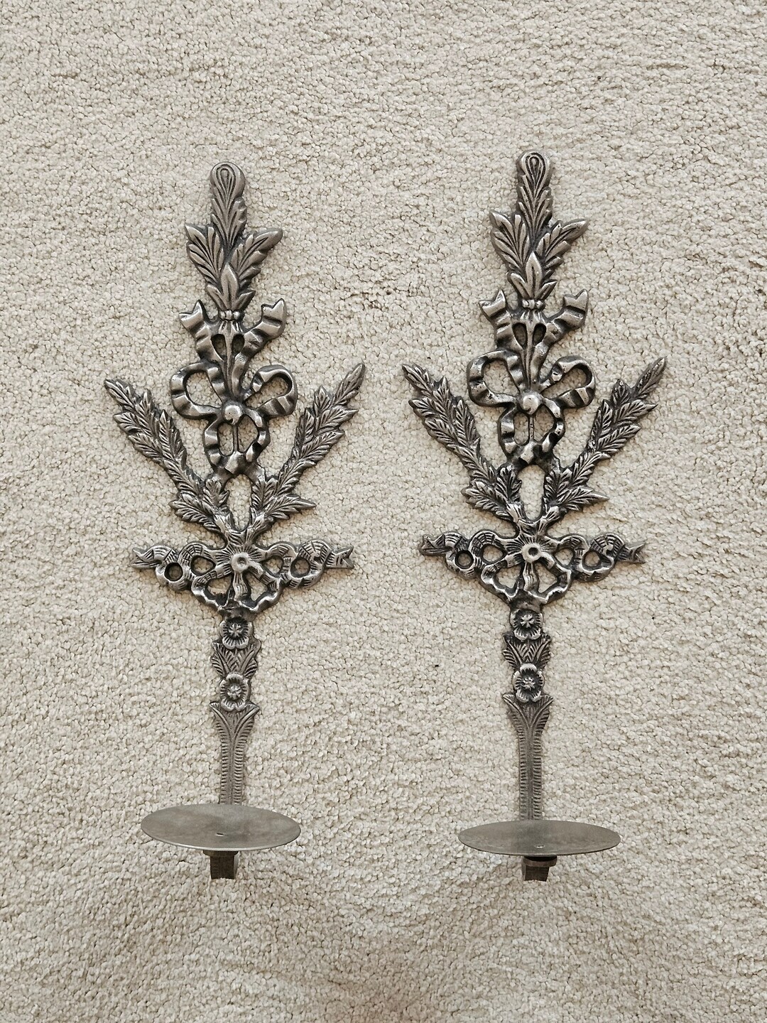 2 Cast Metal Candle Sconces in Silver Color, Silver Candle Sconce, Pair