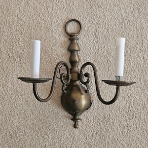Vintage antique brass sconce with light switch, old brass sconce, candelabra wall sconce with two arms, electric candle sconce, home decor