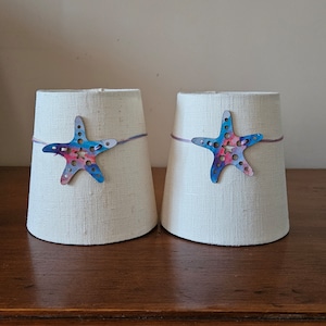 2 clip on shades with starfish design,2 mini clip on shades, pair of clip on chandelier shades, beach decor, mini lampshades,handmade shades