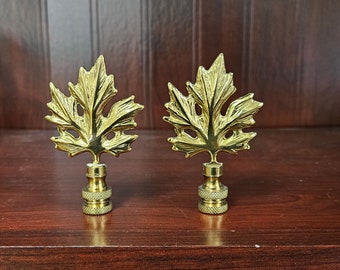 Polished Brass Maple Leaf Lamp Finials, Pair, Vintage Lamp Supply