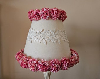 Vintage Ivory Lampshade with Pink Flowers and Lace