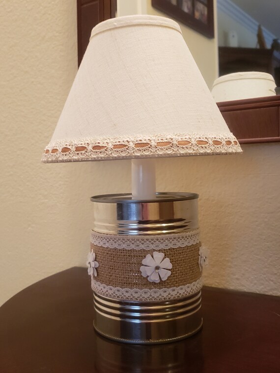 Upcycled tin can lamp with custom lampshade mini lamp cute lamp decoupage small lamp mother s day gifts gift for her xmas gift