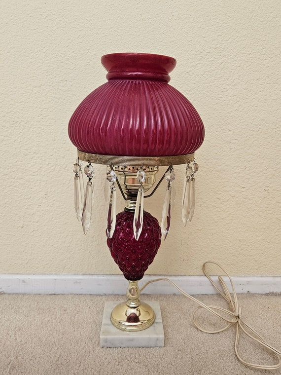 Vintage red hurricane lamp with crystals, red gone with the wind lamp, vintage hurricane lamp, home decor, victorian lamps, red accent lamp