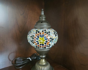 Vintage Turkish Mosaic Accent Lamp: Bronze Colorful Glass Mini Lamp