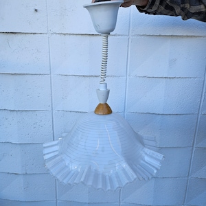 May include: White ceiling light fixture with a white, ruffled, plastic shade and a spring cord.
