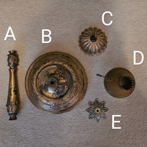 Vintage lamp parts, old lamp parts, lamp supply, vintage lamp base, lamp column, vintage canopy, metal shade, replacement lamp parts
