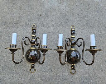 Vintage Burnished Brass Sconces, Pair of Two-Arm Wall Fixtures