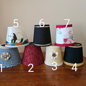 Clip on lampshades, one of a kind lampshades, mini lampshades, small lampshades, handmade lampshades, chandelier shades, closeout lampshades