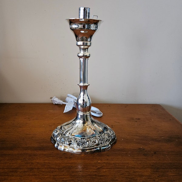 Silver plated vintage lamp with fancy filigree base, Cute lamp, silver candlestick lamp, vintage accent lamp, home decor