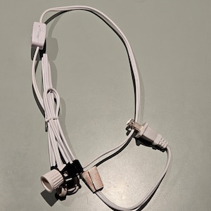 May include: White electrical cord with a plug, an inline switch, and a socket for a light bulb.