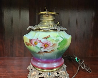 Vintage Hand Painted Glass Hurricane Lamp, Electrified Oil Lamp